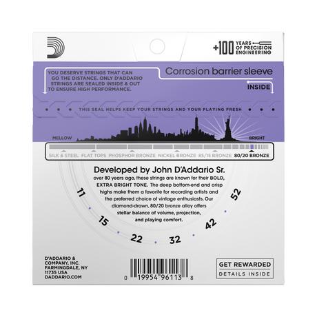 Backside of packaging for D'Addario EJ13 guitar strings with product details including string gauges