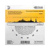 The backside of packaging for D'Addario EJ14 guitar strings with product details including string gauges