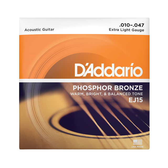 Packing for D'Addario EJ15 bronze guitar strings with brand details