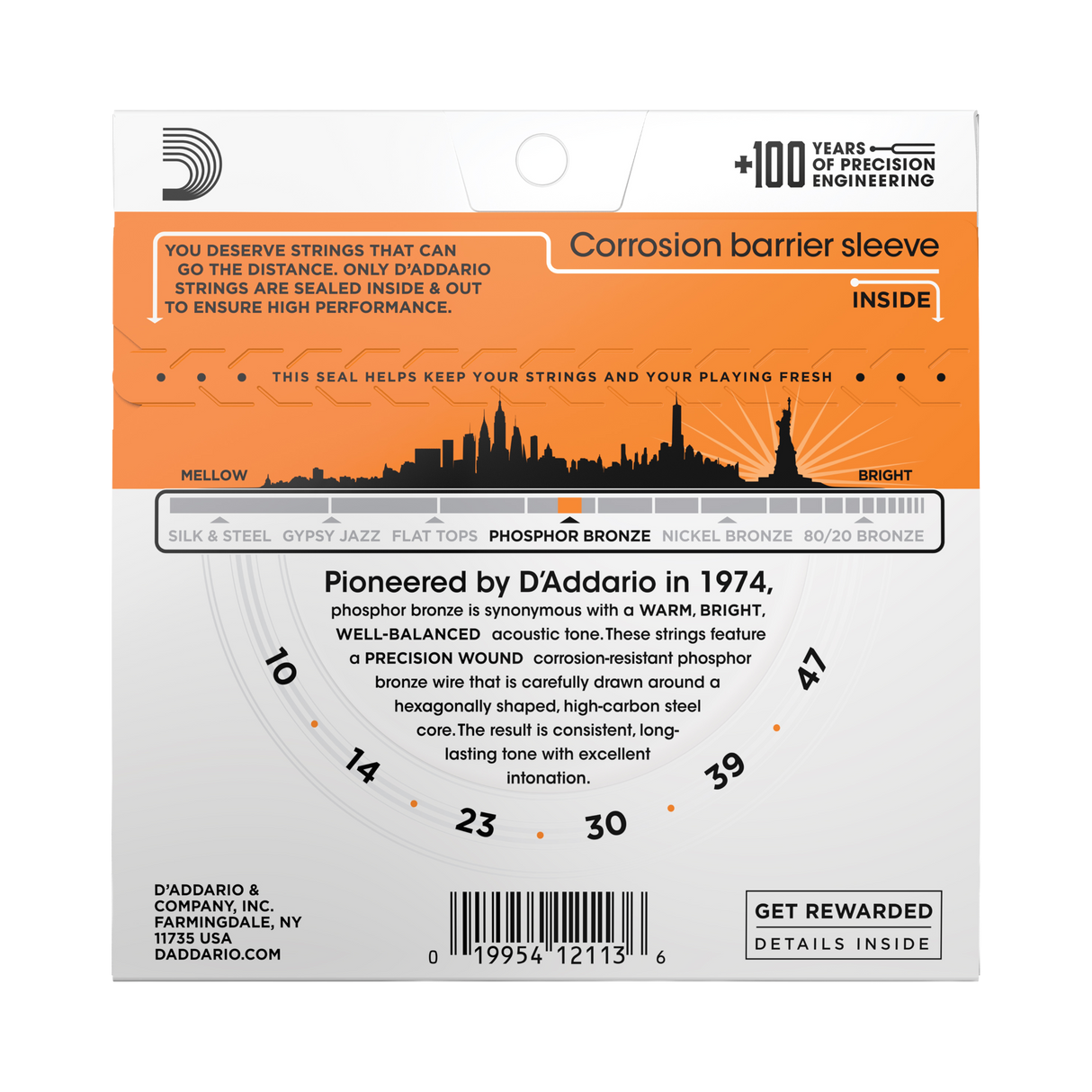 The backside of packaging for D'Addario EJ15 guitar strings with product details including string gauges