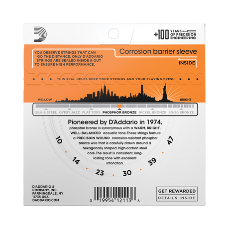 The backside of packaging for D'Addario EJ15 guitar strings with product details including string gauges