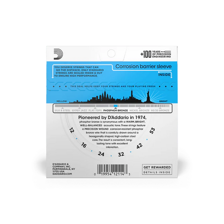 The image shows a retail package of D'Addario phosphor bronze acoustic guitar strings, featuring light gauges (.012–.042). The packaging highlights corrosion barrier sleeves, precision winding, and tone longevity. It displays D'Addario branding with a blue and white design, product details, string gauges, a barcode, and a rewards program mention. The set is noted for freshness and quality since 1974.
