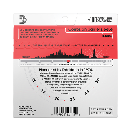 Backside of packaging for D'Addario EJ17 guitar strings with product details including string gauges