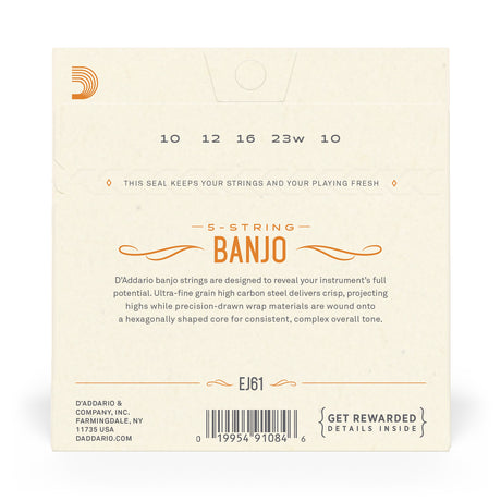 Back of packaging for D'Addario EJ61 banjo strings with brand and product details.