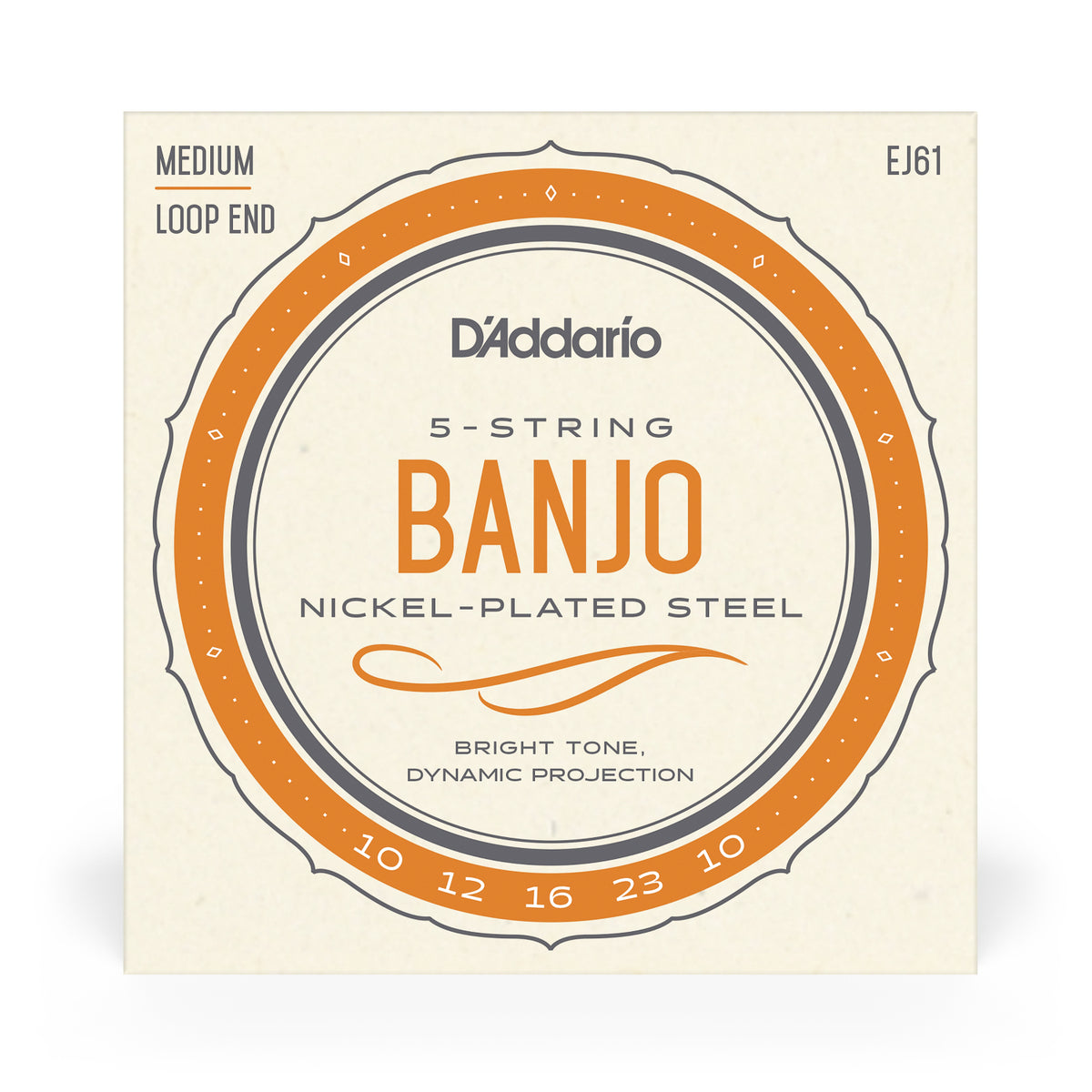 Front of packaging for D'Addario EJ61 banjo strings with brand and product details.