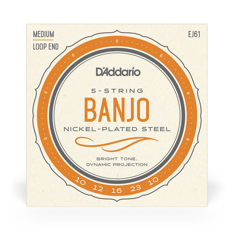 Front of packaging for D'Addario EJ61 banjo strings with brand and product details.