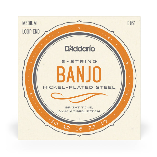 Front of packaging for D'Addario EJ61 banjo strings with brand and product details.