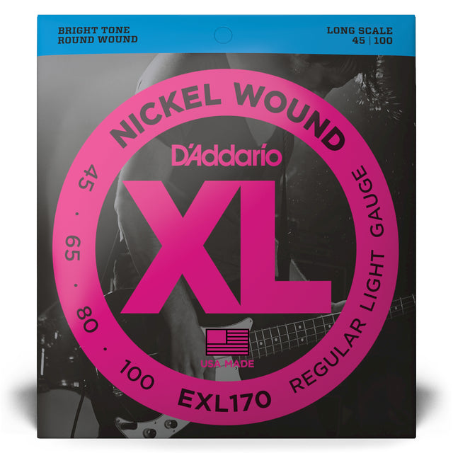 Front of packaging for D'Addario EXL170 bass strings with brand and product details.
