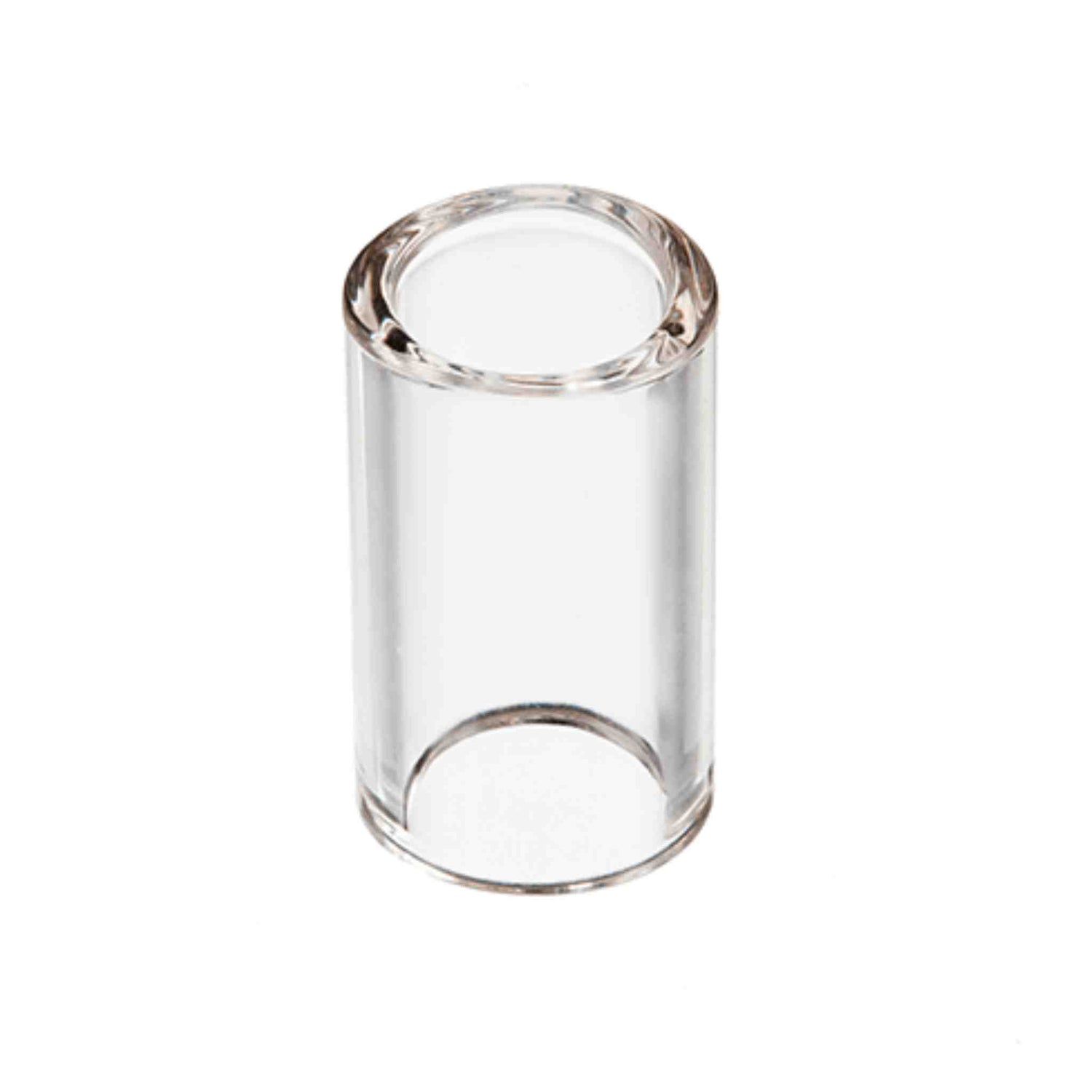 The image shows a clear glass guitar slide, a cylindrical tube worn on a finger to glide along strings, creating smooth, sliding tones and pitch bends. Common in blues, country, and rock, glass slides offer bright, clear sound and smooth movement. This medium-sized slide is suitable for various playing styles and helps achieve the classic bottleneck guitar effect originally made with glass bottle necks.