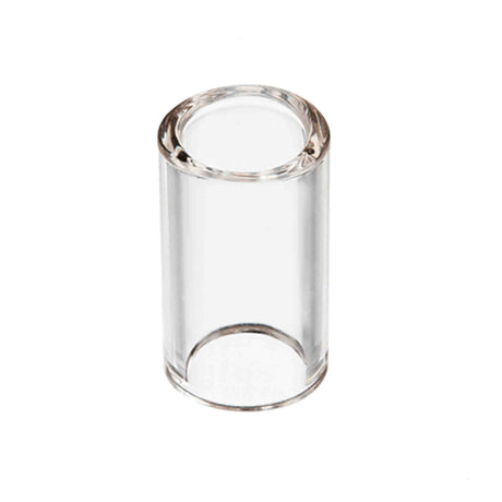 The image shows a clear glass guitar slide, a cylindrical tube worn on a finger to glide along strings, creating smooth, sliding tones and pitch bends. Common in blues, country, and rock, glass slides offer bright, clear sound and smooth movement. This medium-sized slide is suitable for various playing styles and helps achieve the classic bottleneck guitar effect originally made with glass bottle necks.