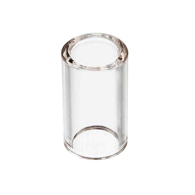 The image shows a clear glass guitar slide, a cylindrical tube worn on a finger to glide along strings, creating smooth, sliding tones and pitch bends. Common in blues, country, and rock, glass slides offer bright, clear sound and smooth movement. This medium-sized slide is suitable for various playing styles and helps achieve the classic bottleneck guitar effect originally made with glass bottle necks.