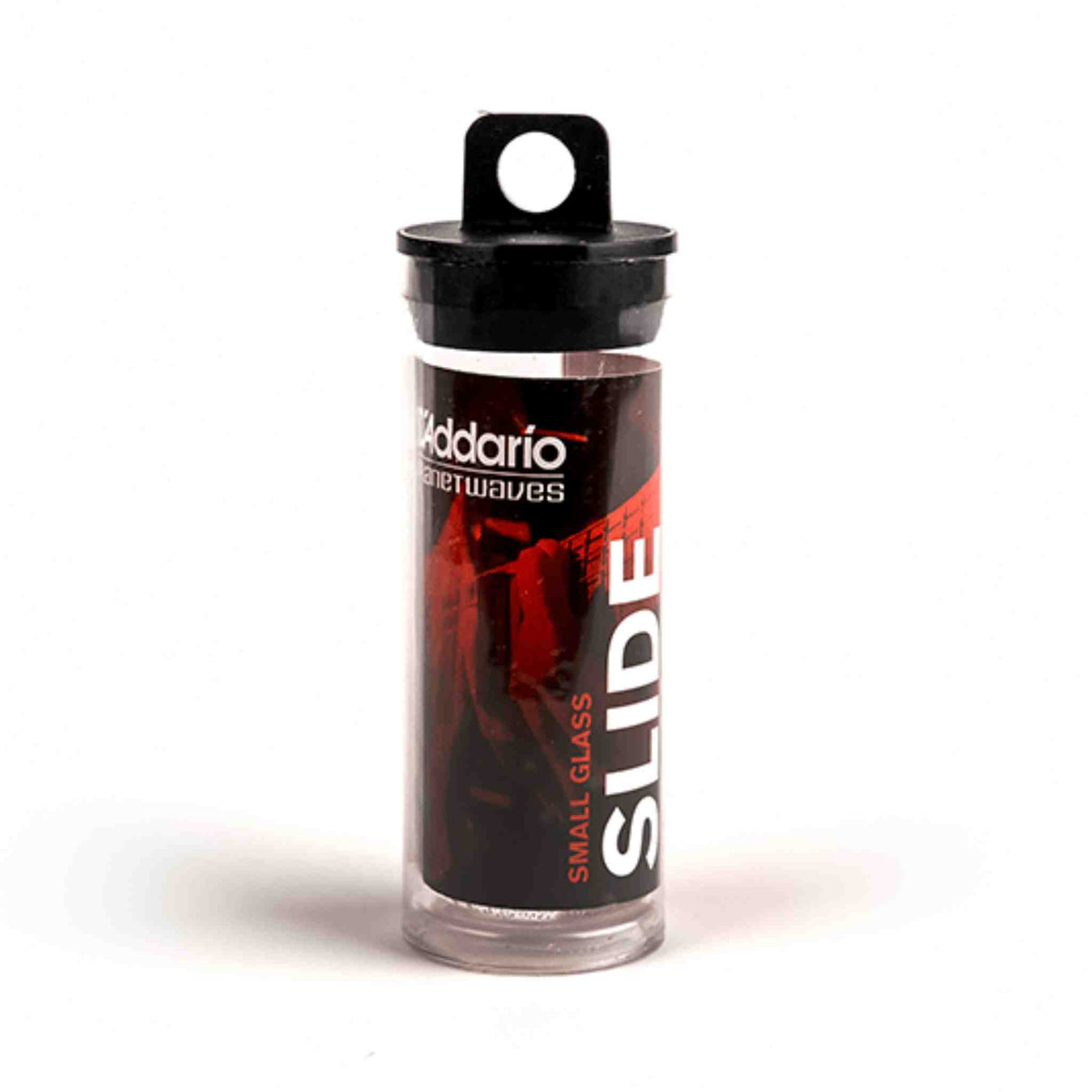 The image shows a D'Addario Planetwaves small glass guitar slide in a clear plastic tube with a black cap and hanging hole. This cylindrical slide is worn on a finger to glide along guitar strings, producing smooth, sustained tones and the classic slide sound. Glass slides are favored for their bright, clear tone and smooth playability, commonly used in blues, country, and rock music.