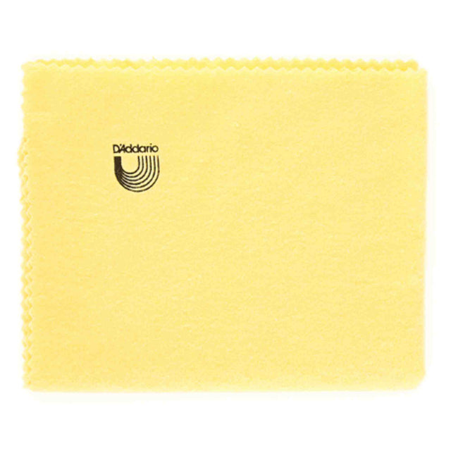 The image shows a yellow/golden D'Addario polishing cloth with a zigzag edge and the brand name and logo featuring curved parallel lines forming a "U" shape. This musical instrument care accessory is used to clean and maintain stringed instruments like guitars and basses by removing fingerprints, dust, and moisture to protect the finish.