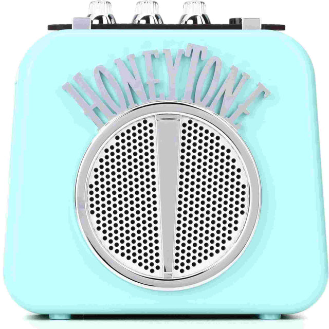 Small turquoise amplifier with 'Honeytone' branding on a white background