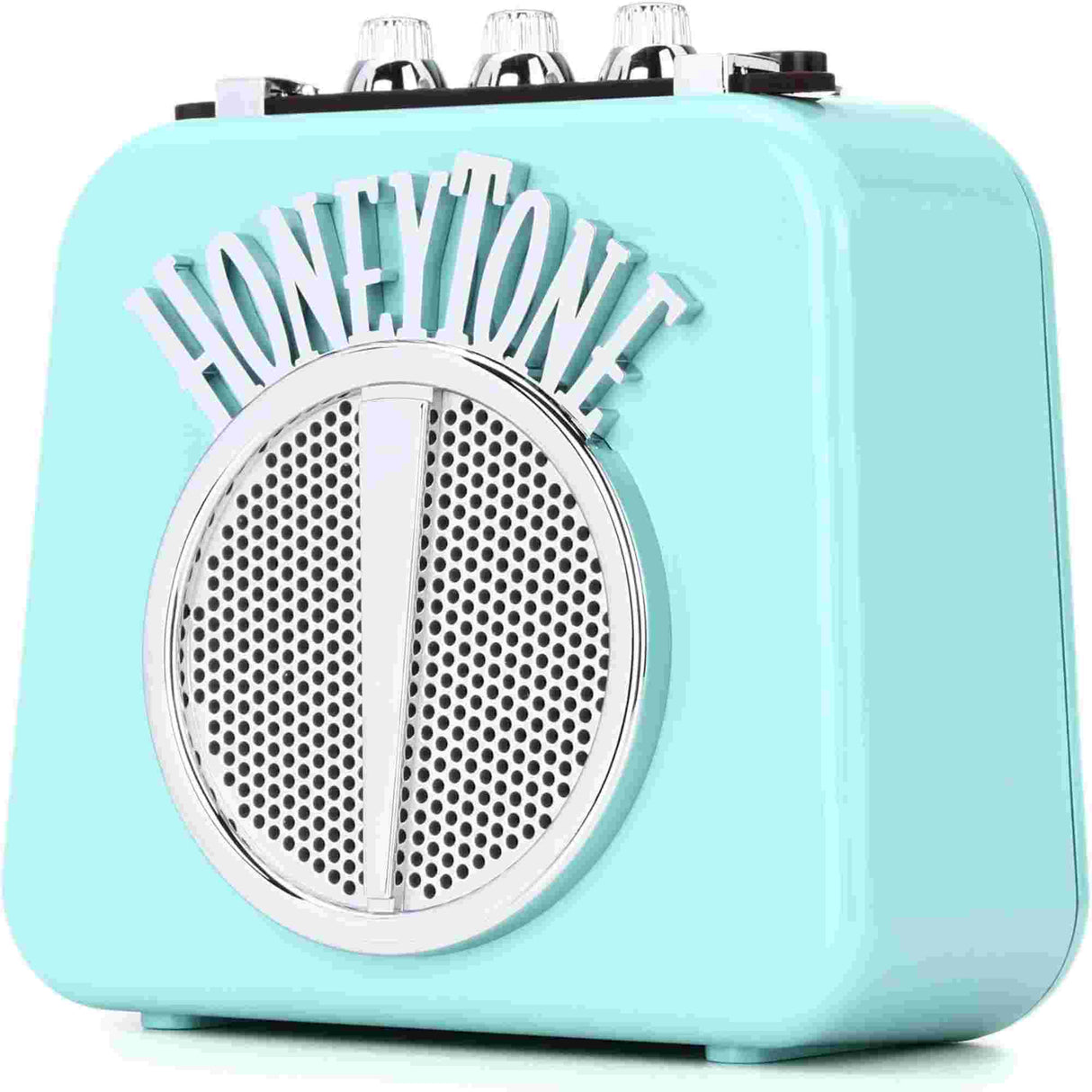 Small turquoise guitar amplifier with 'Honey-Tone' branding on a white background