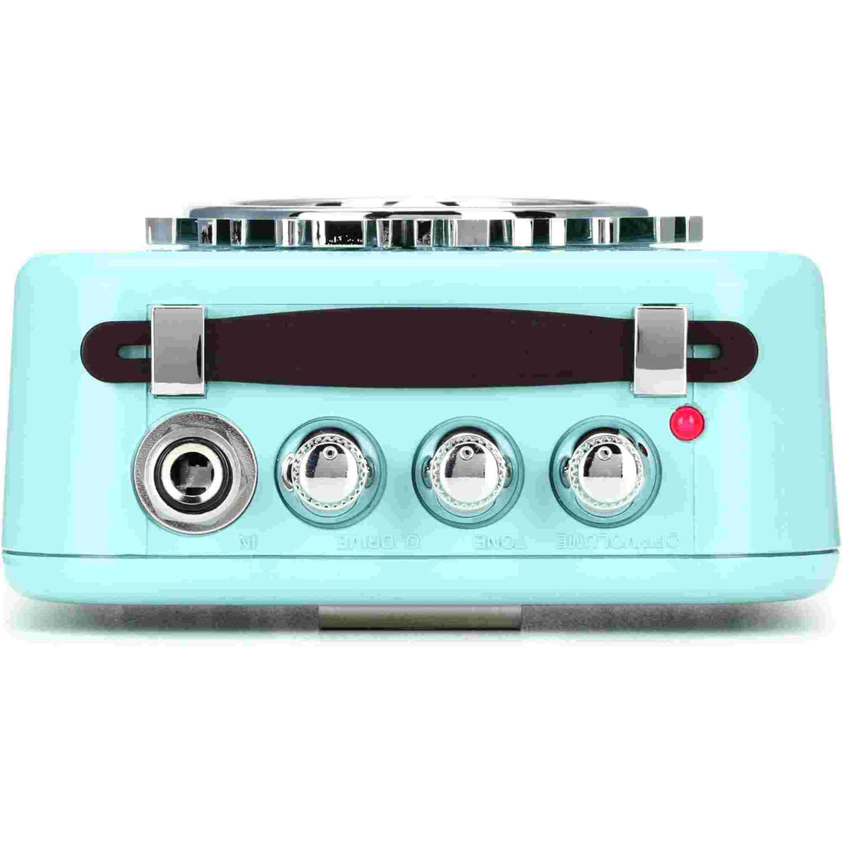 Turquoise guitar effects pedal with metallic accents on a white background