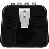 Black electronic device with a metal clip on a white background