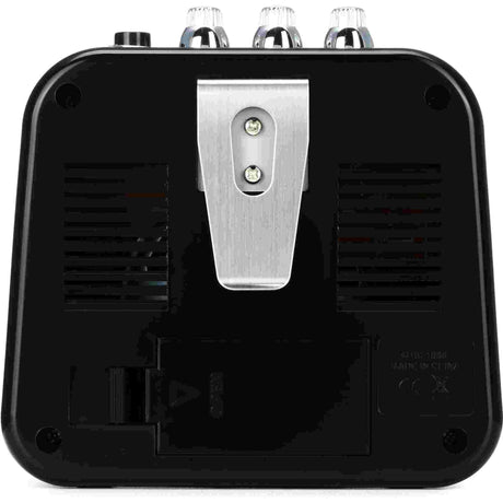 Black electronic device with a metal clip on a white background