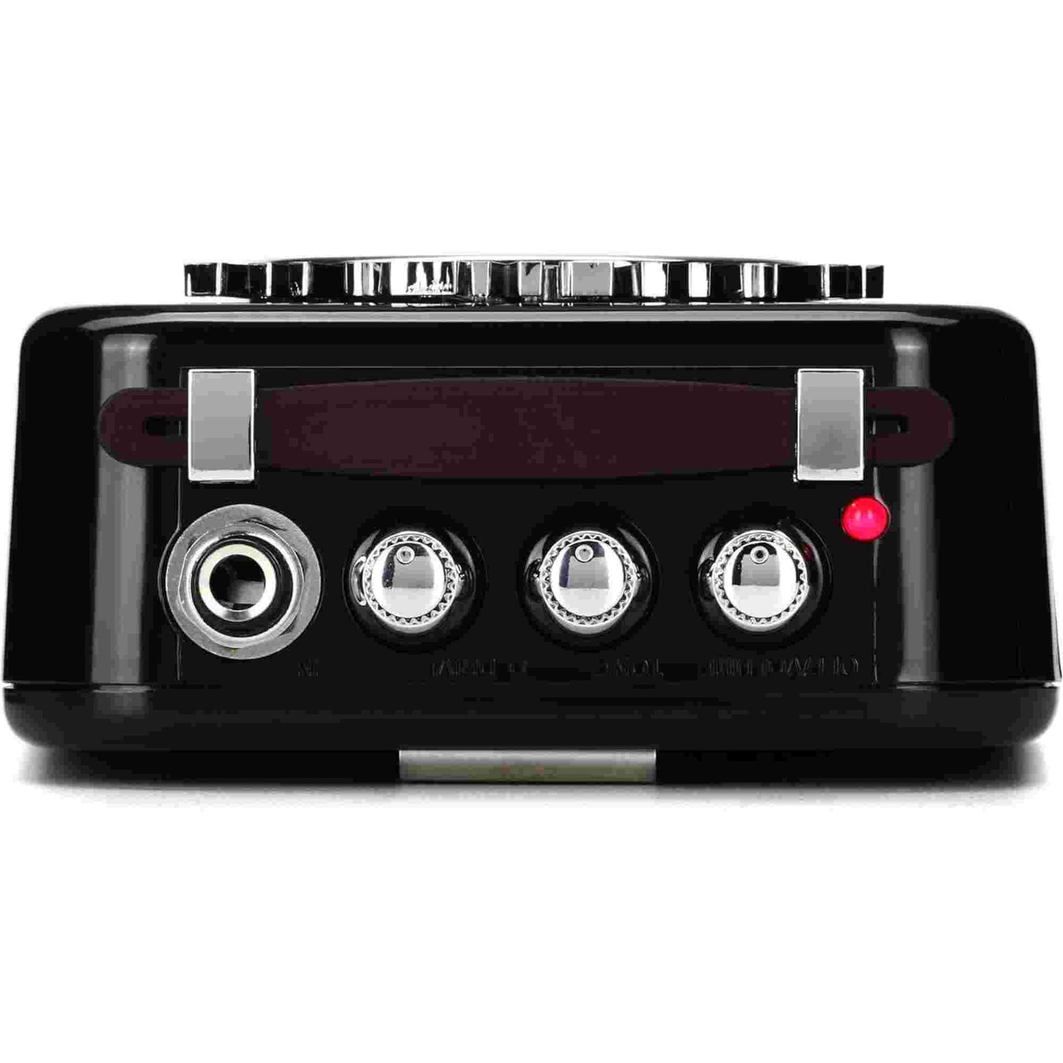 Black guitar effects pedal with silver and red components on a white background