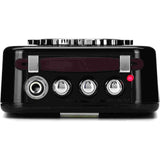 Black guitar effects pedal with silver and red components on a white background