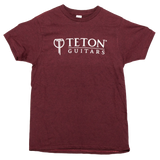 The image shows a maroon t-shirt featuring the Teton Guitars logo, displayed on a white background.