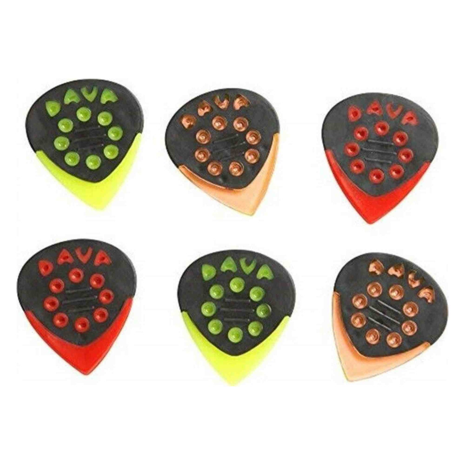 The image shows six teardrop-shaped guitar picks with a two-tone design featuring colored bottoms (green, orange, red) and textured black tops with raised dots for improved grip. The embossed "DAVA" branding is visible on each pick. These specialized picks are designed to enhance playability by preventing slipping, making them premium guitar accessories for better control during use.