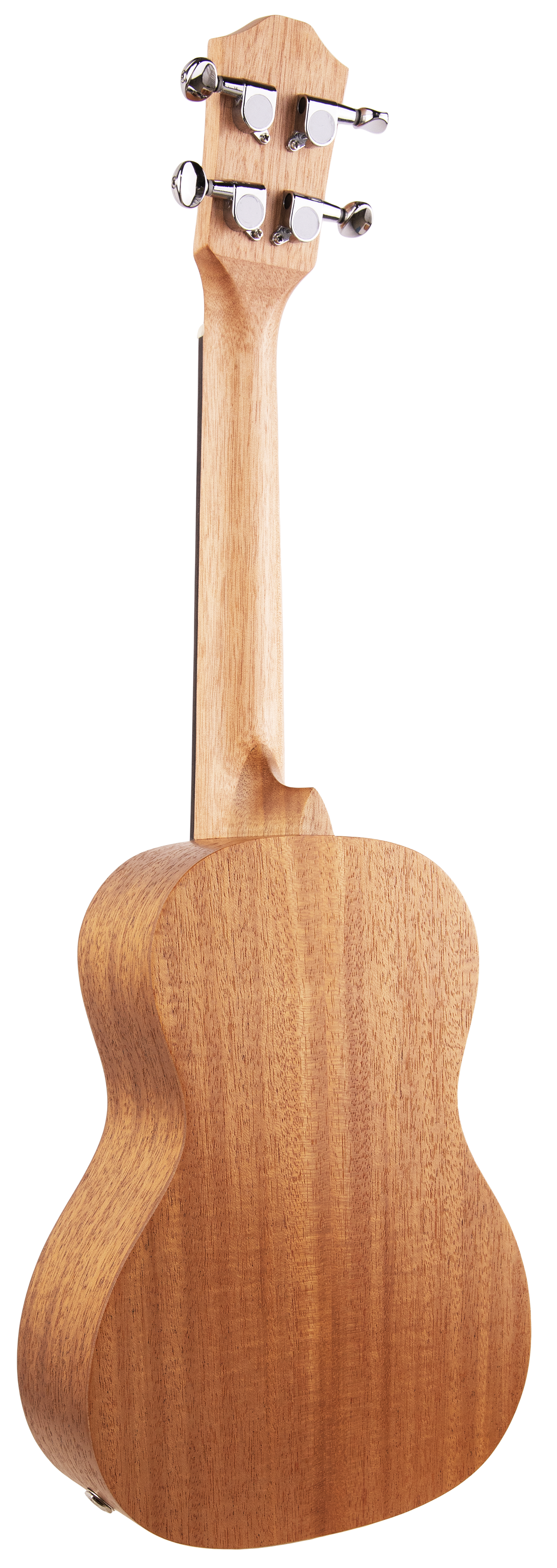 The image shows the back of a wooden ukulele with a natural finish. It features four tuning pegs on the headstock and highlights the neck and body of the small, guitar-like instrument commonly used in Hawaiian music.