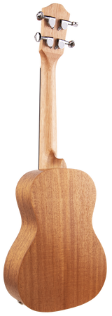 The image shows the back of a wooden ukulele with a natural finish. It features four tuning pegs on the headstock and highlights the neck and body of the small, guitar-like instrument commonly used in Hawaiian music.