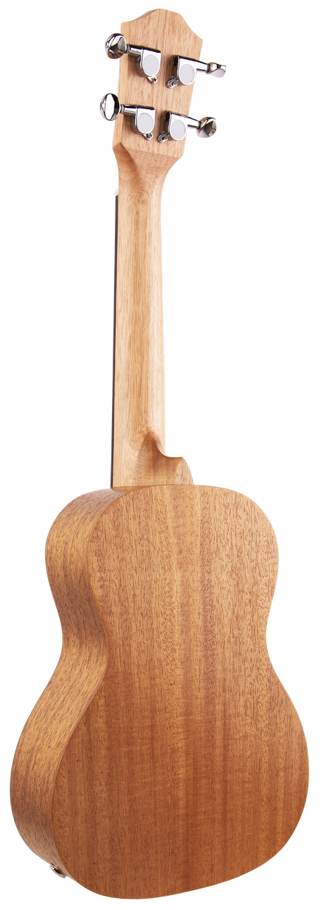 The image shows the back of a wooden ukulele with a natural finish. It features four tuning pegs on the headstock and highlights the neck and body of the small, guitar-like instrument commonly used in Hawaiian music.