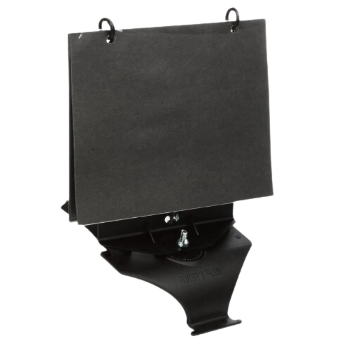 The image shows a portable, adjustable black music stand with a flat rectangular sheet holder and two clips at the top to secure music. It features a tilting mechanism for angle adjustment and a sturdy, foldable base for stability and easy transport. Commonly used by musicians of all types, it holds sheet music or books at an optimal height for practice or performance.