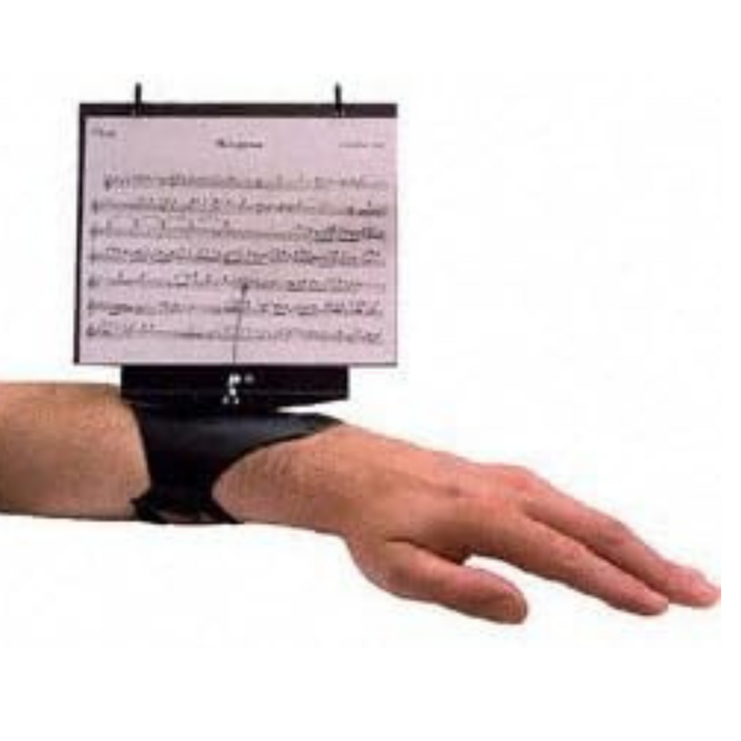 The image shows a wrist-mounted music stand featuring a black adjustable arm and a small platform holding sheet music with visible musical notation and text. This hands-free accessory is ideal for musicians needing portable, eye-level sheet music while performing, practicing, or moving, such as marching band members, street performers, and players of instruments unsuited to traditional stands.