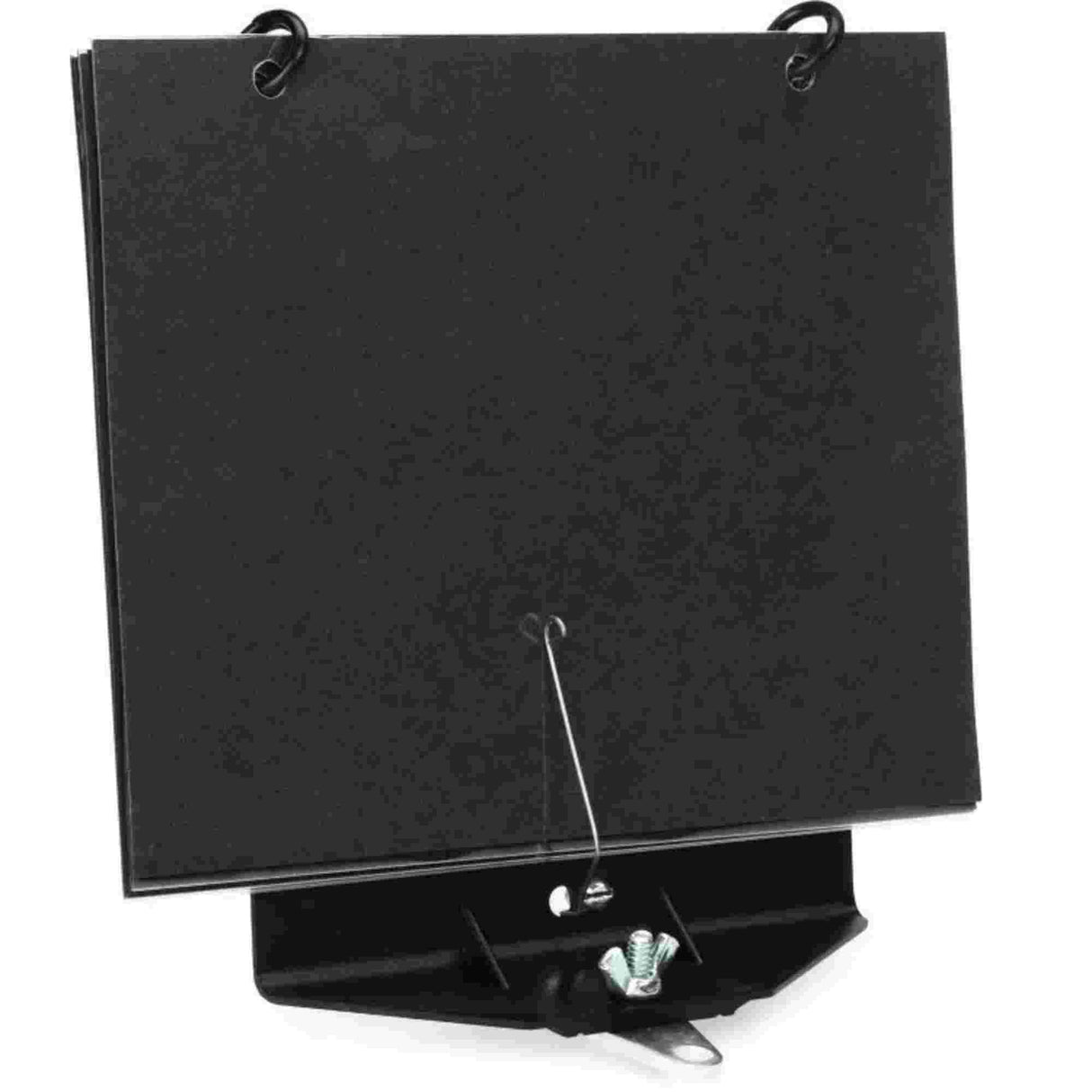The image shows a black, adjustable music stand with a tilted platform and vertical back panel to hold sheet music or books. It features metal clips at the top, a central wire page holder to secure pages, and an adjustable mounting mechanism with screws for height and angle. This stand is commonly used by musicians of all instruments to read music hands-free during practice or performance.