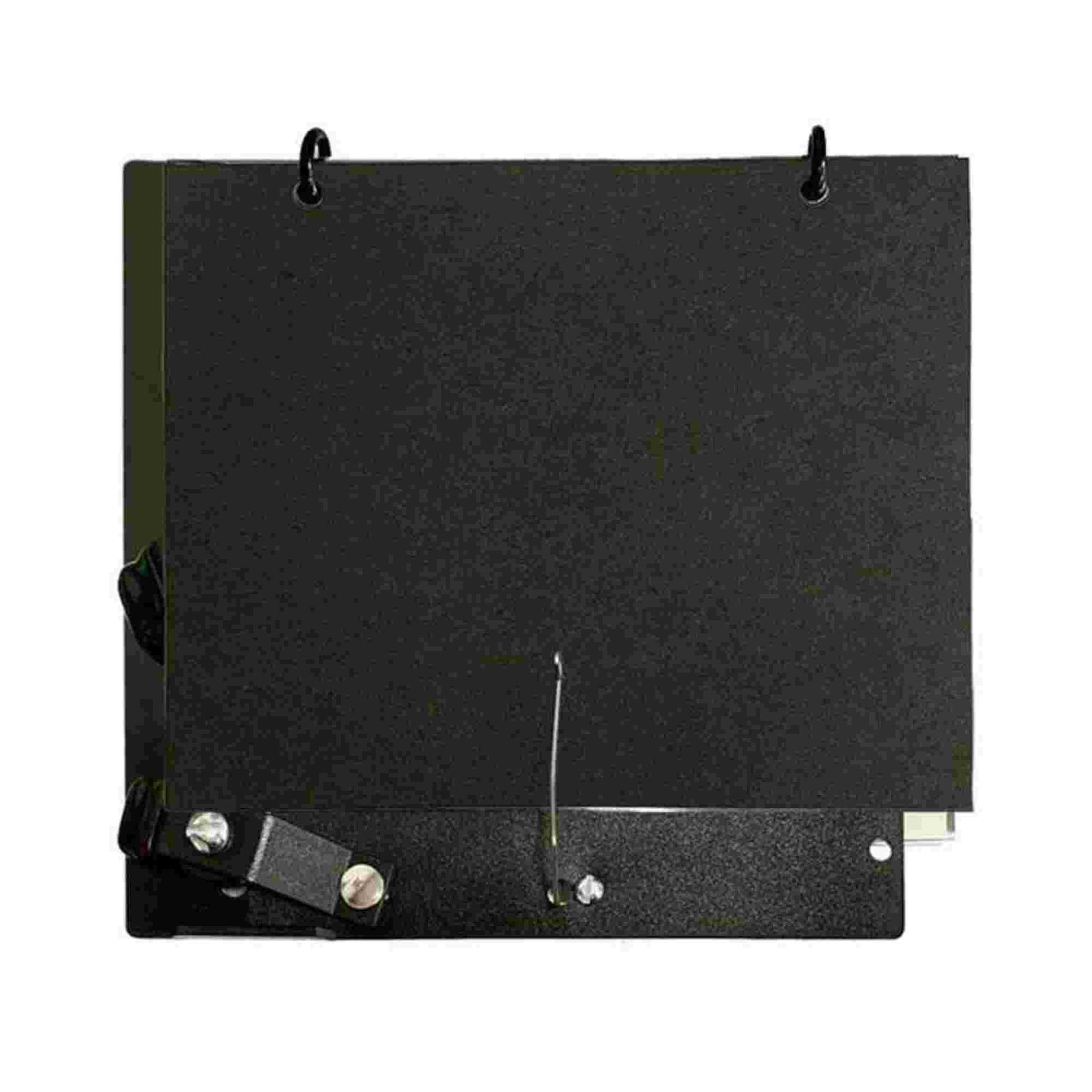 The image shows a black, flat rectangular music sheet holder with two metal rings at the top for hanging or mounting. At the bottom, adjustable metal clips secure sheet music in place. This sturdy accessory is designed to hold sheet music steady and at eye level, commonly used by musicians during practice or performances. It can be wall-mounted or hung from a stand for convenient music reading.