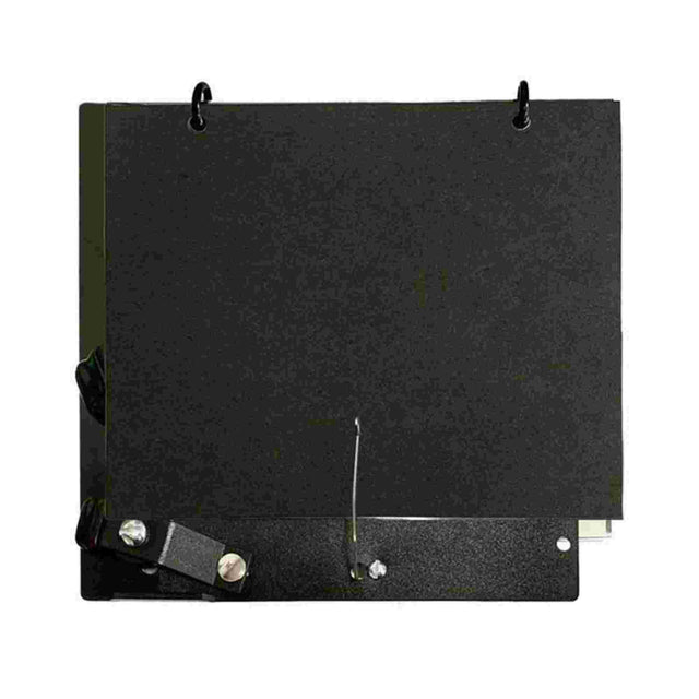 The image shows a black, flat rectangular music sheet holder with two metal rings at the top for hanging or mounting. At the bottom, adjustable metal clips secure sheet music in place. This sturdy accessory is designed to hold sheet music steady and at eye level, commonly used by musicians during practice or performances. It can be wall-mounted or hung from a stand for convenient music reading.
