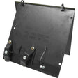 The image shows a black metal music sheet holder attachment with mounting rings for a stand. It features a flat tray for sheet music, two clamps at the bottom to secure pages, and multiple holes likely for adjustability or weight reduction. Embossed text on the surface hints at the manufacturer. This accessory helps musicians keep sheet music stable, especially outdoors, preventing pages from falling or blowing away.