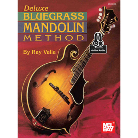 Book cover of 'Deluxe Bluegrass Mandolin Method' by Ray Valla with a mandolin illustration on a red background.