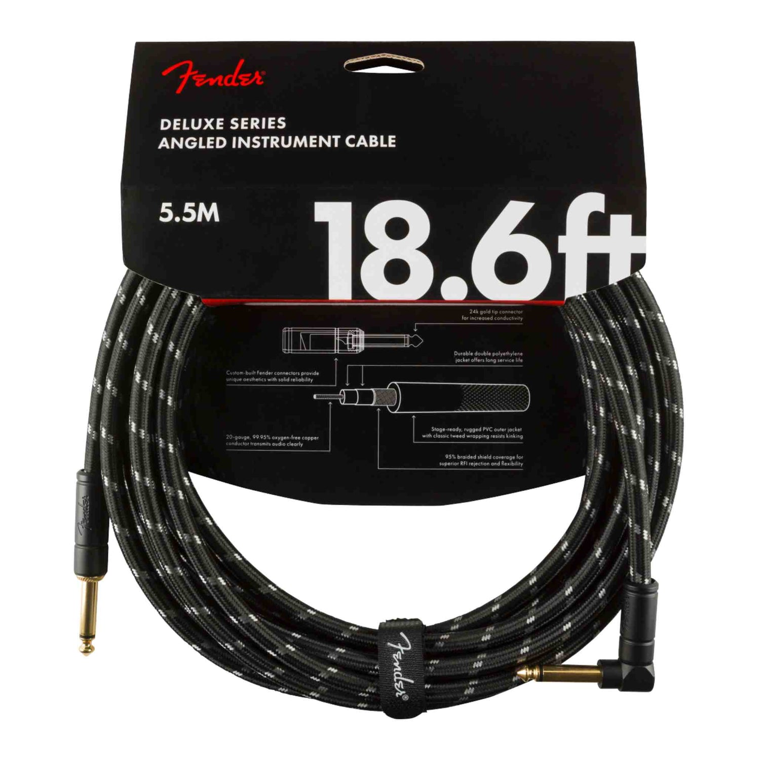 Fender Deluxe Series Tweed Instrument Cable - Straight/Angle - Black Tweed - 18.6FT