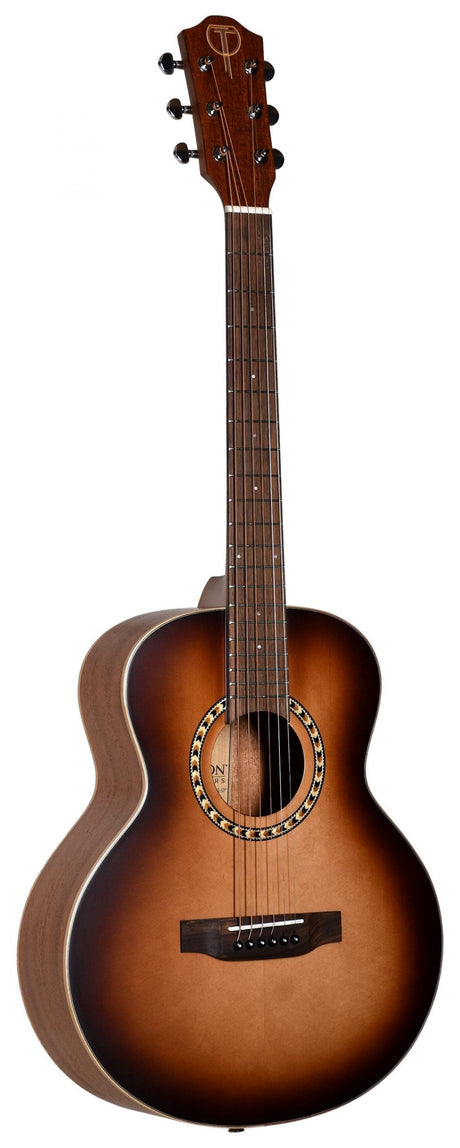The image shows a full-size acoustic guitar with a traditional body and a sunburst finish fading from dark brown edges to a lighter center. It features a central round soundhole with decorative rosette inlays, a dark bridge with six strings, a natural wood neck with fret markers, and a matching headstock with six tuning pegs and a visible logo. The guitar appears well-crafted and suitable for various musical styles.