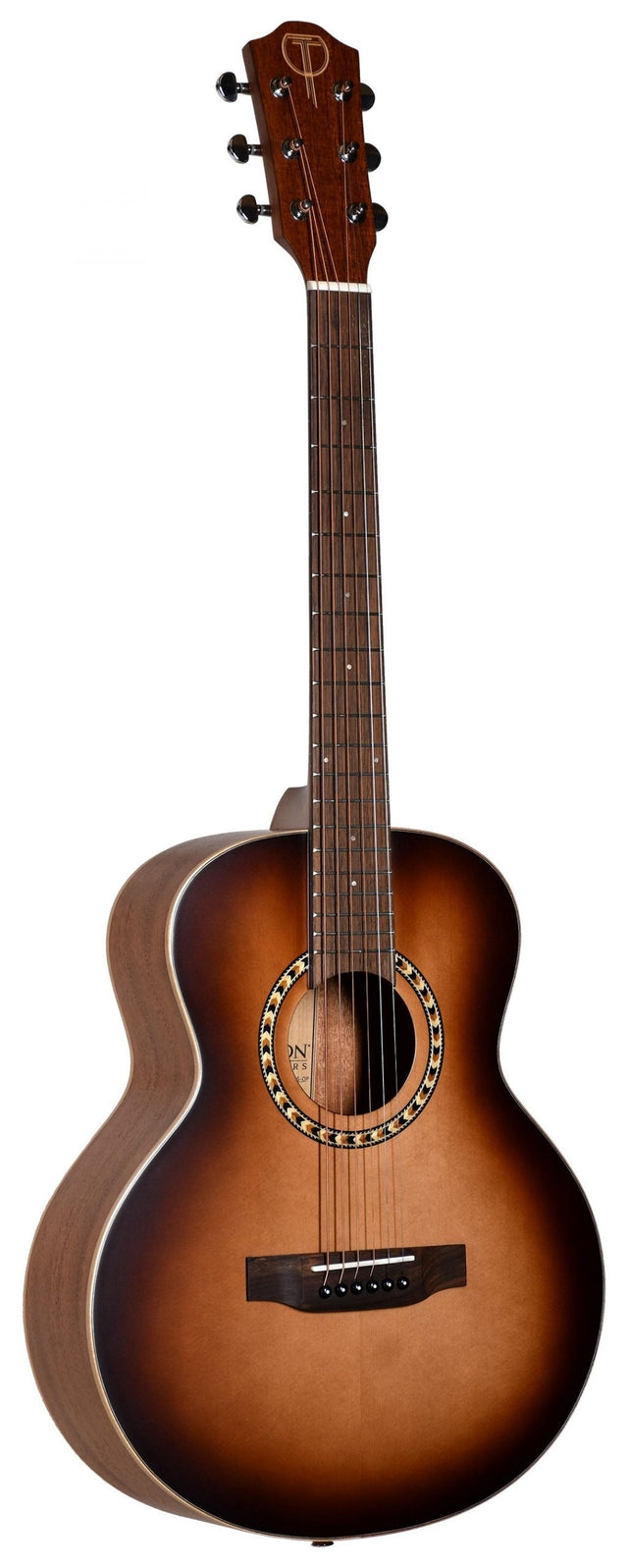 The image shows a full-size acoustic guitar with a traditional body and a sunburst finish fading from dark brown edges to a lighter center. It features a central round soundhole with decorative rosette inlays, a dark bridge with six strings, a natural wood neck with fret markers, and a matching headstock with six tuning pegs and a visible logo. The guitar appears well-crafted and suitable for various musical styles.