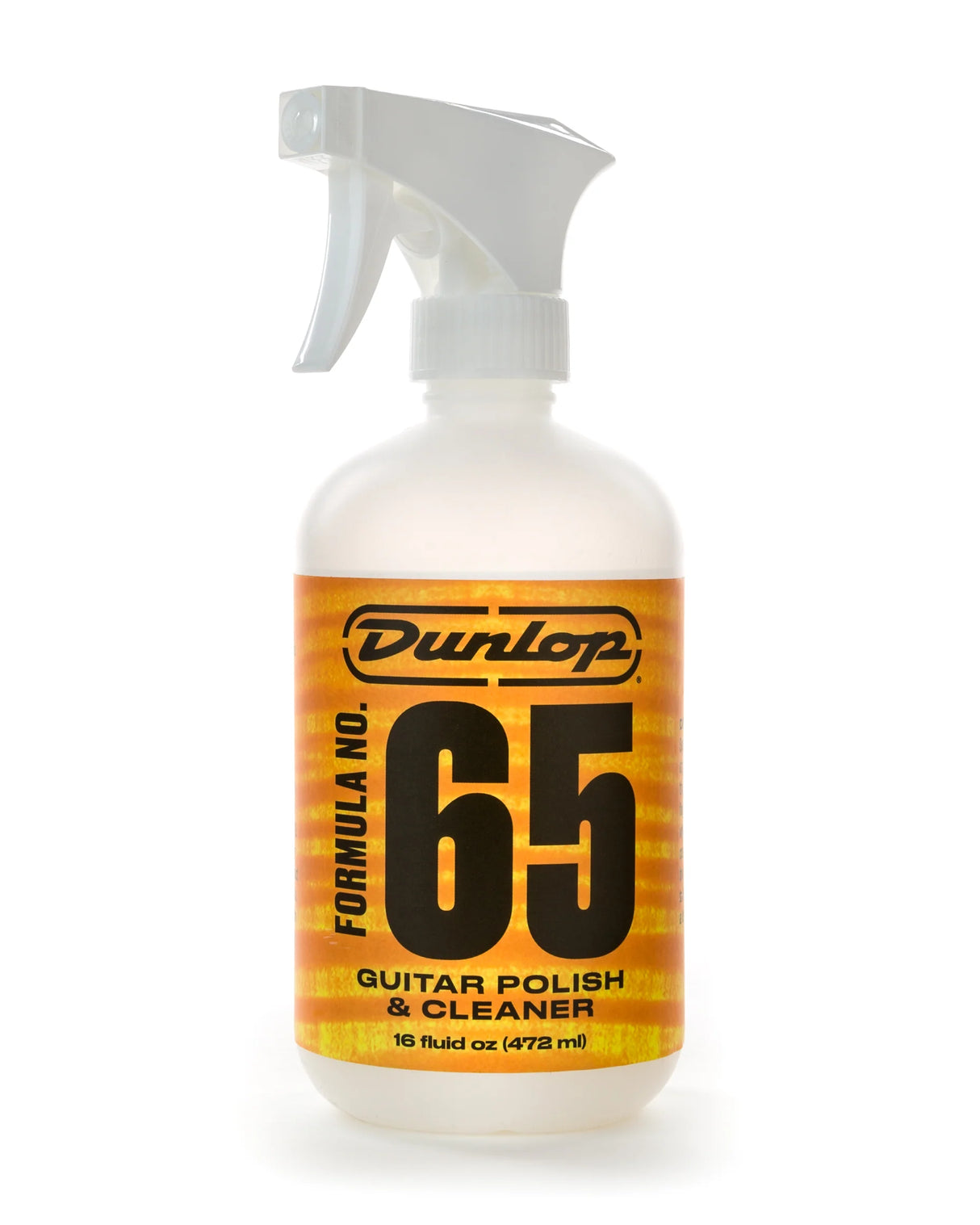 The image shows a 16 fl oz (472 ml) bottle of Dunlop Formula 65 Guitar Polish & Cleaner with an orange-yellow label and clear trigger sprayer. This popular guitar care product is designed to clean, polish, and protect guitar finishes like lacquer and polyurethane. It removes fingerprints and dust while adding shine. Dunlop is a trusted brand known for guitar accessories and maintenance supplies.