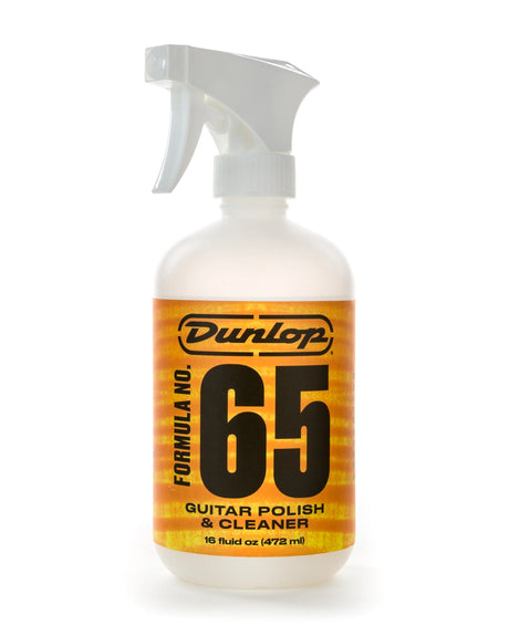 The image shows a 16 fl oz (472 ml) bottle of Dunlop Formula 65 Guitar Polish & Cleaner with an orange-yellow label and clear trigger sprayer. This popular guitar care product is designed to clean, polish, and protect guitar finishes like lacquer and polyurethane. It removes fingerprints and dust while adding shine. Dunlop is a trusted brand known for guitar accessories and maintenance supplies.
