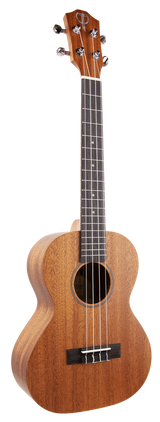 The image shows a four-string ukulele with a traditional figure-8 mahogany body and natural wood finish. It has a dark rosewood fretboard with white markers, chrome tuning pegs, a decorative rosette, and a black bridge. Likely a concert or tenor size, the well-crafted headstock features a brand logo. This mid-range instrument combines quality materials and finish, suitable for beginners and intermediate players.