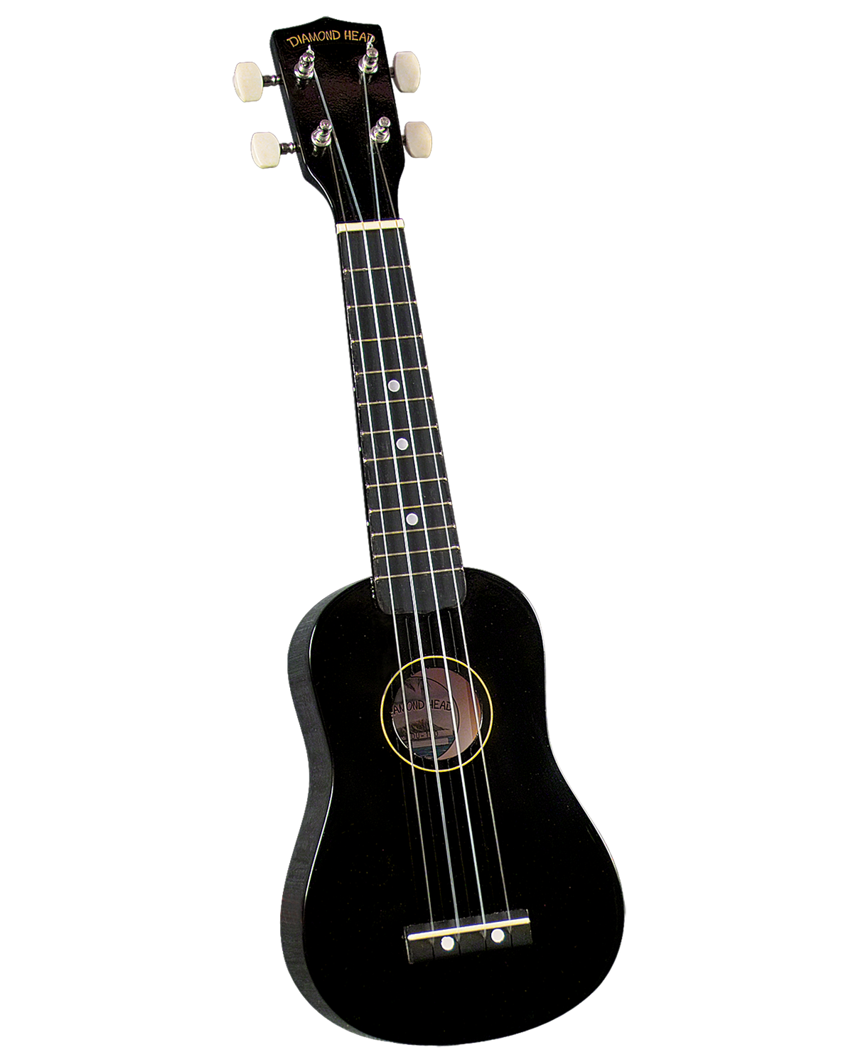 The image shows a black soprano ukulele from Diamond Head, a guitar-family string instrument. It features a black body, four strings, four tuning pegs with white buttons, a dark fretboard with white dot markers, and a traditional figure-8 shape with a sound hole. The simple, classic design and sleek black finish make it a typical, affordable beginner or travel ukulele.
