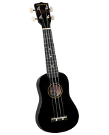 The image shows a black soprano ukulele from Diamond Head, a guitar-family string instrument. It features a black body, four strings, four tuning pegs with white buttons, a dark fretboard with white dot markers, and a traditional figure-8 shape with a sound hole. The simple, classic design and sleek black finish make it a typical, affordable beginner or travel ukulele.