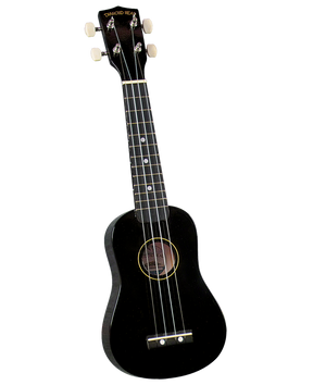The image shows a black soprano ukulele from Diamond Head, a guitar-family string instrument. It features a black body, four strings, four tuning pegs with white buttons, a dark fretboard with white dot markers, and a traditional figure-8 shape with a sound hole. The simple, classic design and sleek black finish make it a typical, affordable beginner or travel ukulele.