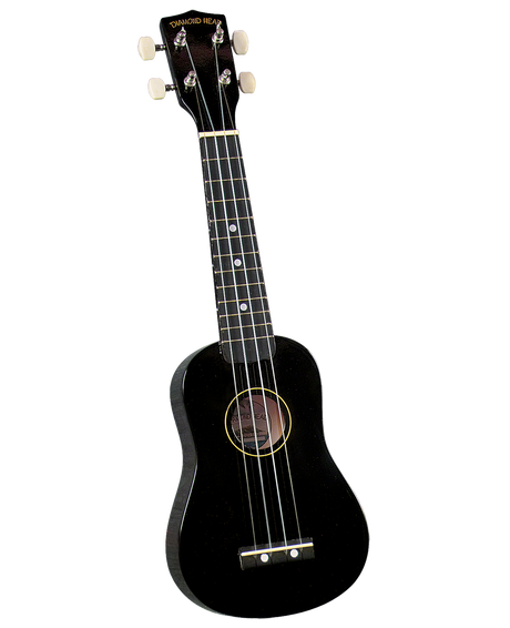 The image shows a black soprano ukulele from Diamond Head, a guitar-family string instrument. It features a black body, four strings, four tuning pegs with white buttons, a dark fretboard with white dot markers, and a traditional figure-8 shape with a sound hole. The simple, classic design and sleek black finish make it a typical, affordable beginner or travel ukulele.