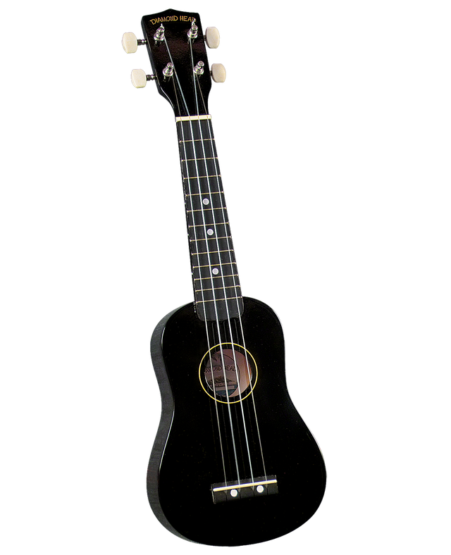The image shows a black soprano ukulele from Diamond Head, a guitar-family string instrument. It features a black body, four strings, four tuning pegs with white buttons, a dark fretboard with white dot markers, and a traditional figure-8 shape with a sound hole. The simple, classic design and sleek black finish make it a typical, affordable beginner or travel ukulele.