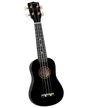 The image shows a black soprano ukulele from Diamond Head, a guitar-family string instrument. It features a black body, four strings, four tuning pegs with white buttons, a dark fretboard with white dot markers, and a traditional figure-8 shape with a sound hole. The simple, classic design and sleek black finish make it a typical, affordable beginner or travel ukulele.