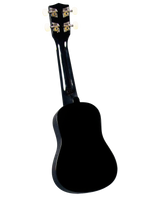 The image shows the back of a glossy black ukulele with a classic small-bodied shape and long neck. It features four decorative, gold-colored tuning pegs on the headstock. The instrument’s well-crafted design highlights its traditional figure-8 body, typical of this popular four-stringed instrument known for its bright, cheerful sound and use in Hawaiian, folk, and contemporary music.