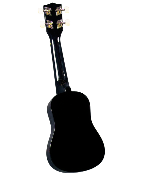 The image shows the back of a glossy black ukulele with a classic small-bodied shape and long neck. It features four decorative, gold-colored tuning pegs on the headstock. The instrument’s well-crafted design highlights its traditional figure-8 body, typical of this popular four-stringed instrument known for its bright, cheerful sound and use in Hawaiian, folk, and contemporary music.